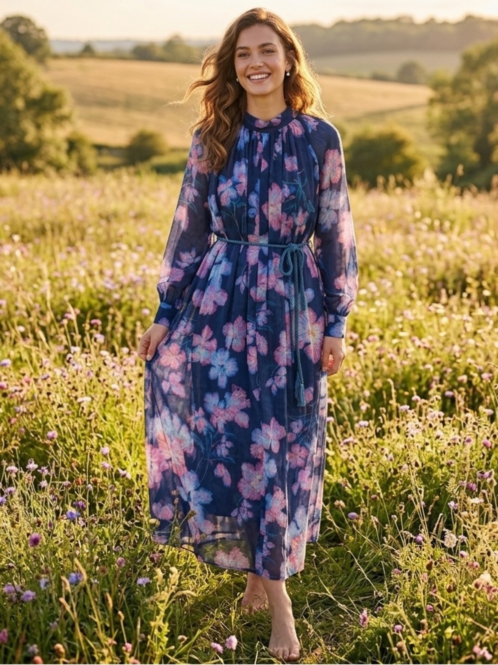 forte_forte /Silk Floral Long-Sleeve Navy Maxi Dress -Italy - Sz S/M -NWT